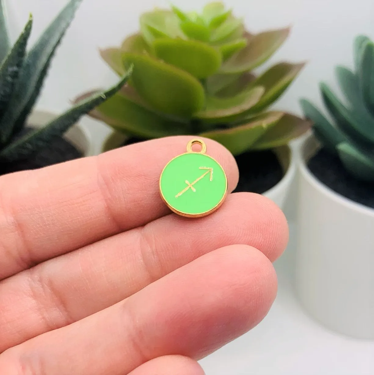 12 or 60 Pieces: Light Green Enamel and Gold Zodiac/Astrology Charms, Double Sided