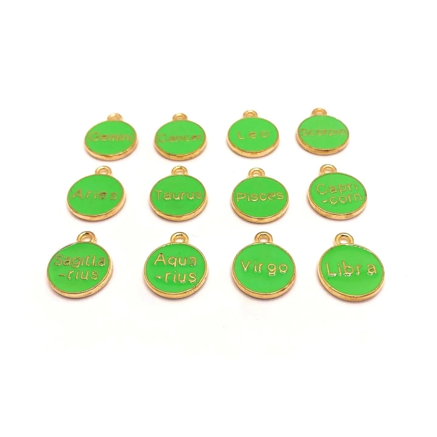 12 or 60 Pieces: Light Green Enamel and Gold Zodiac/Astrology Charms, Double Sided