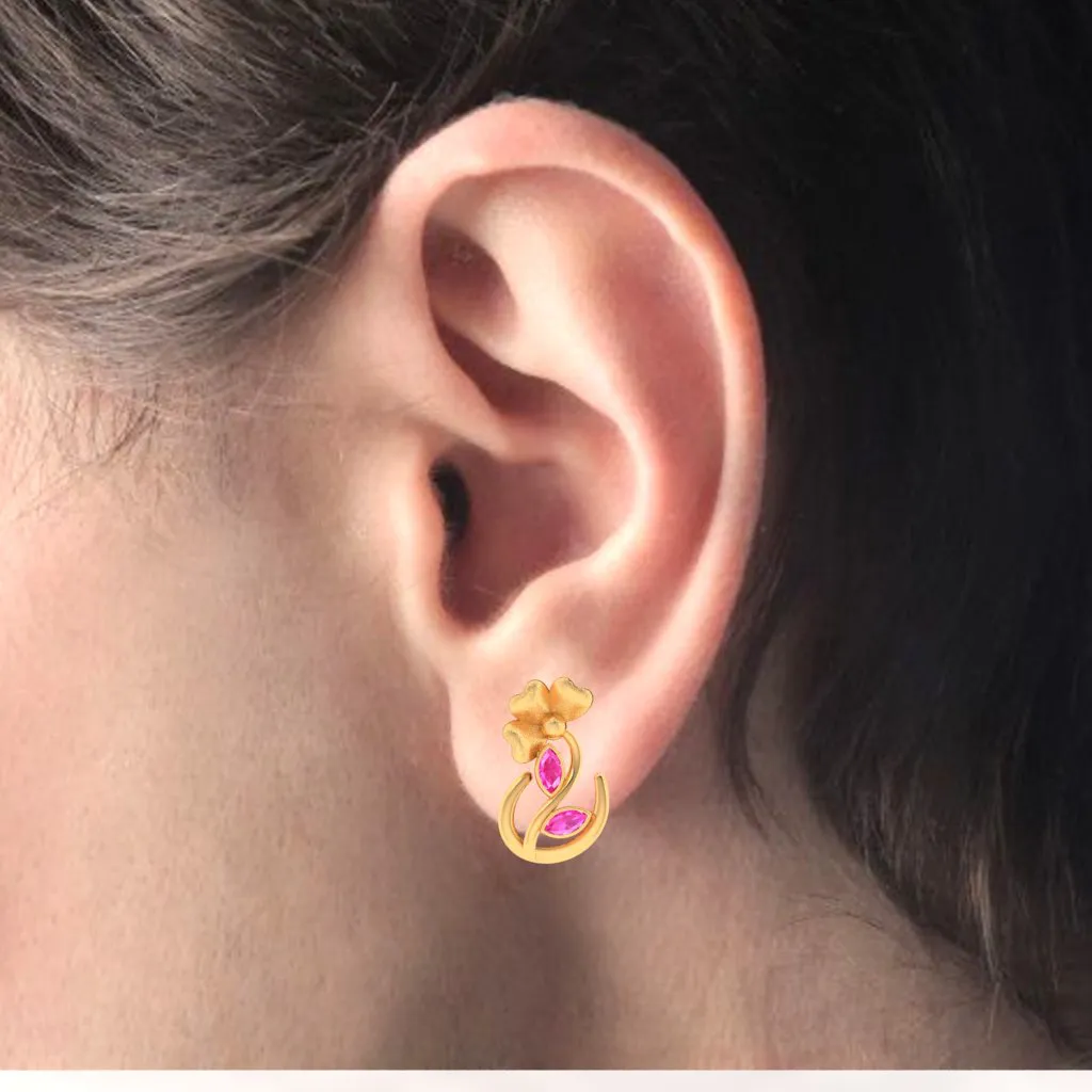 14k Floral Gold Stud Earrings With Pink Leafy Stones
