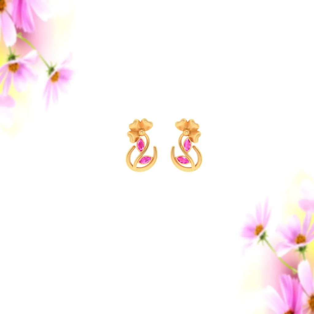 14k Floral Gold Stud Earrings With Pink Leafy Stones