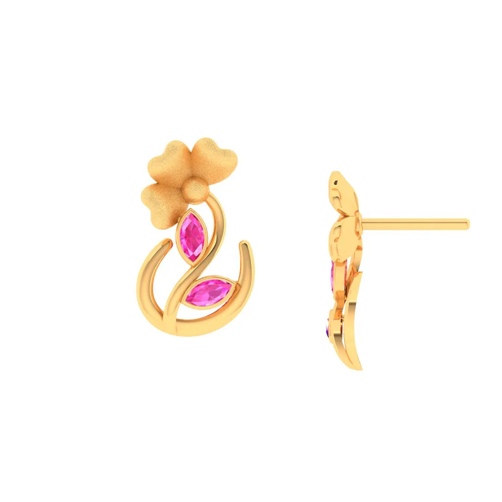 14k Floral Gold Stud Earrings With Pink Leafy Stones