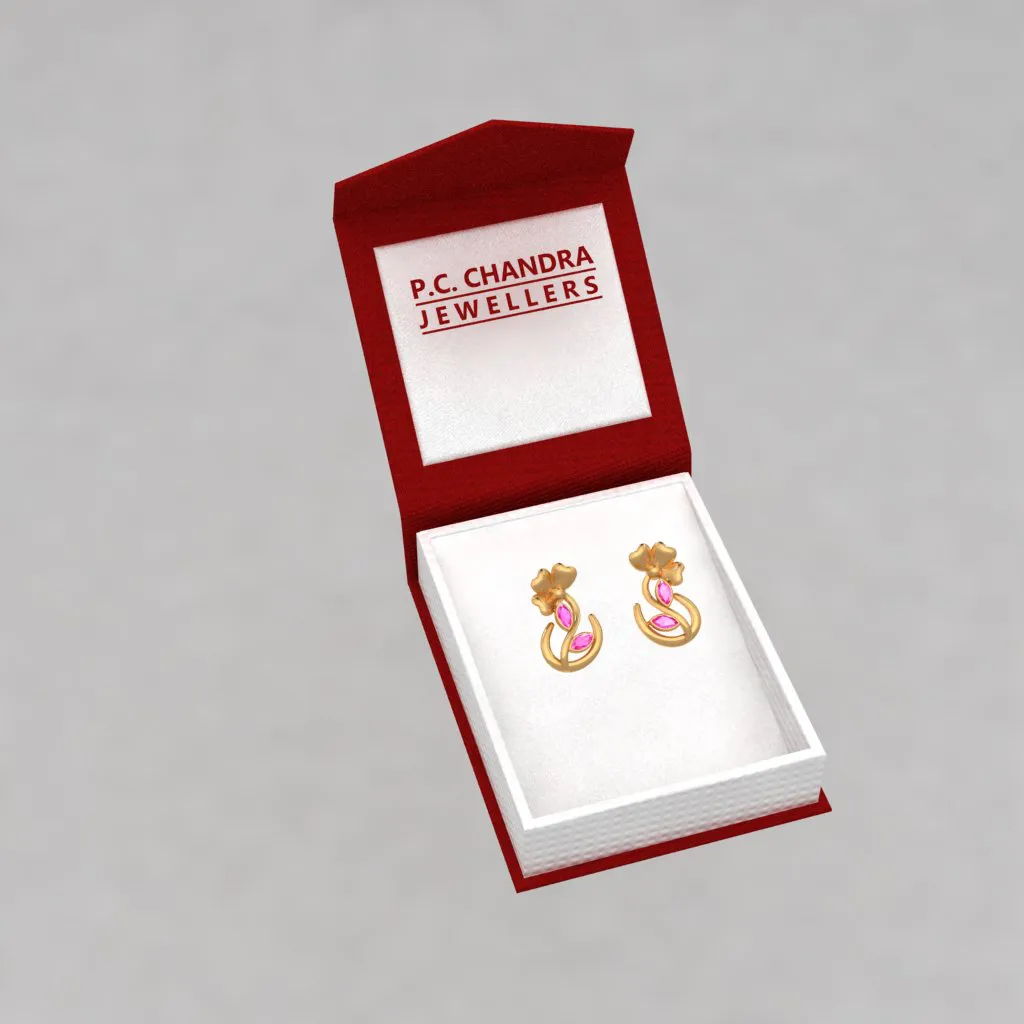 14k Floral Gold Stud Earrings With Pink Leafy Stones