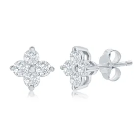 14K White Gold Diamond Floral Stud Earrings - 7/8ct Total, SI Clarity