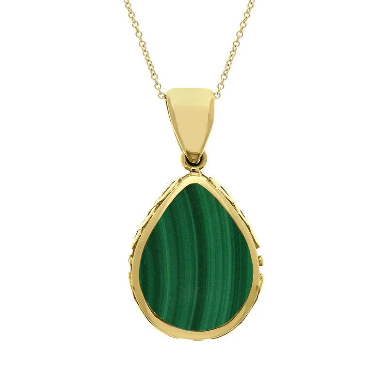 18ct Yellow Gold Whitby Jet Malachite Double Sided Celtic Pear Cut Fob Necklace