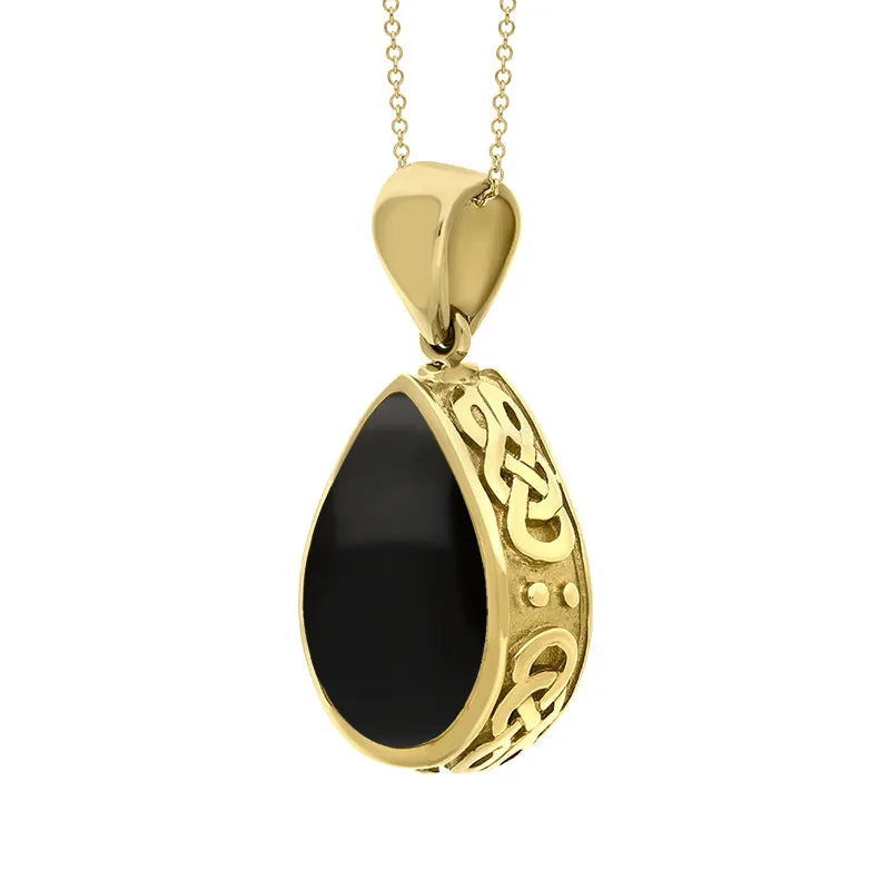 18ct Yellow Gold Whitby Jet Malachite Double Sided Celtic Pear Cut Fob Necklace