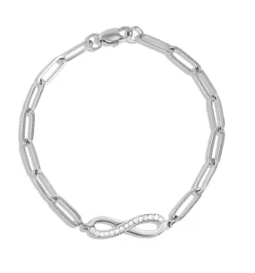 18K Gold PVD Steel Stone "Infinity" Paperclip Chain Bracelet - In Silver