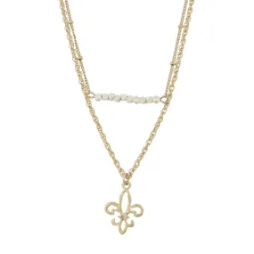 18" Gold Double Bar Necklace -Fleur De Lis, 3" Ext.
