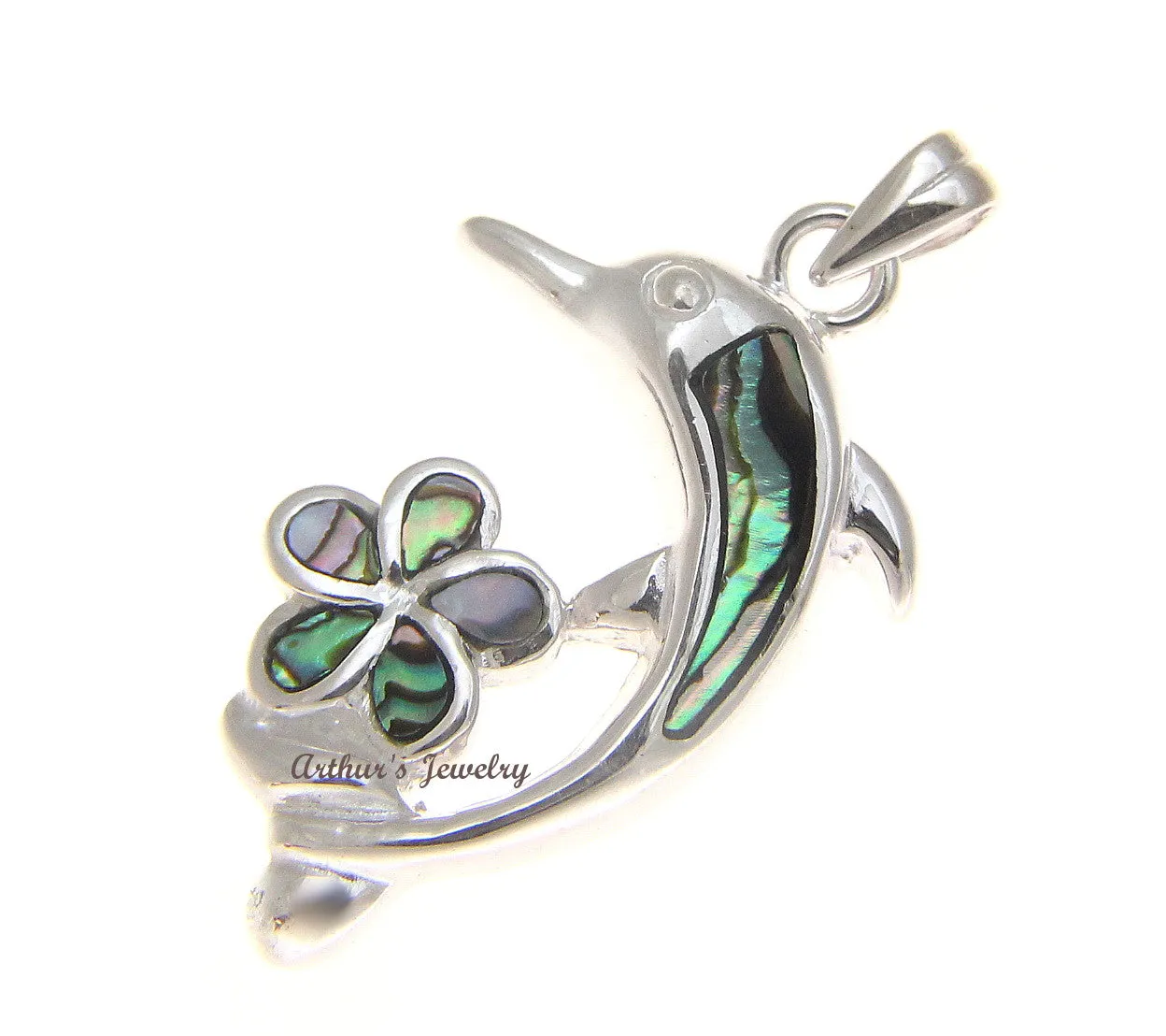 925 Sterling Silver Hawaiian Dolphin Plumeria Flower Abalone Paua Shell Pendant