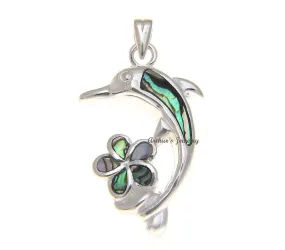 925 Sterling Silver Hawaiian Dolphin Plumeria Flower Abalone Paua Shell Pendant