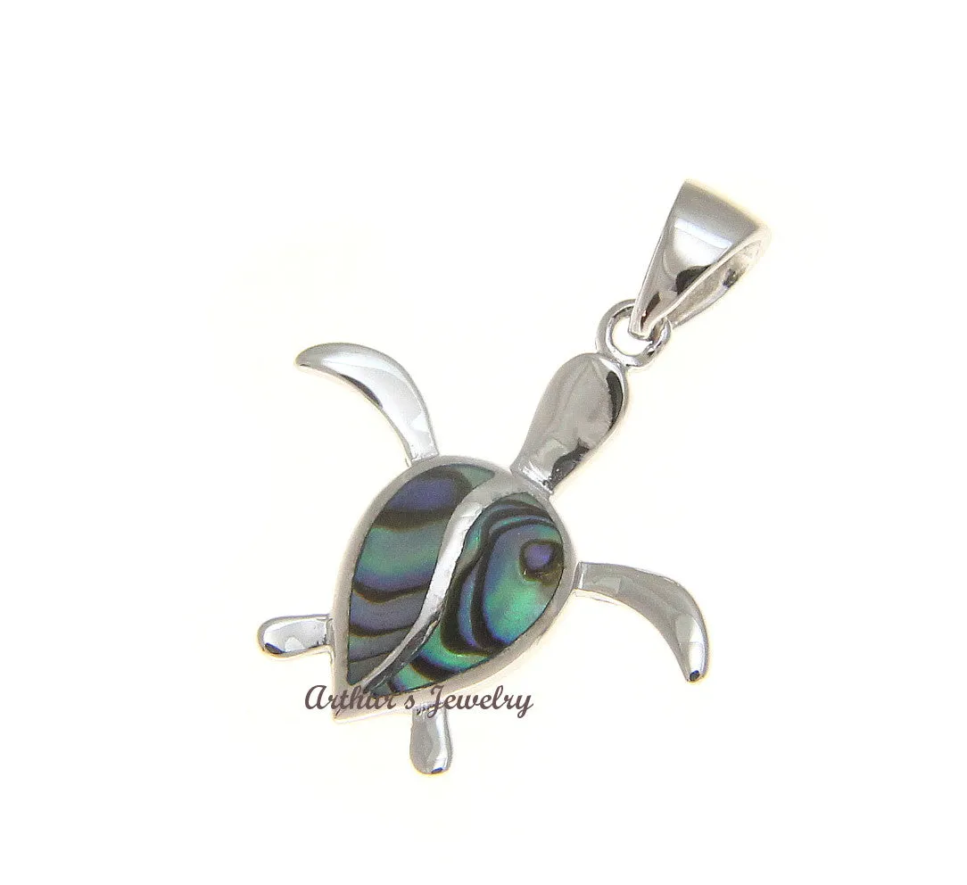 925 Sterling Silver Hawaiian Honu Sea Turtle Abalone Paua Shell Pendant S M L