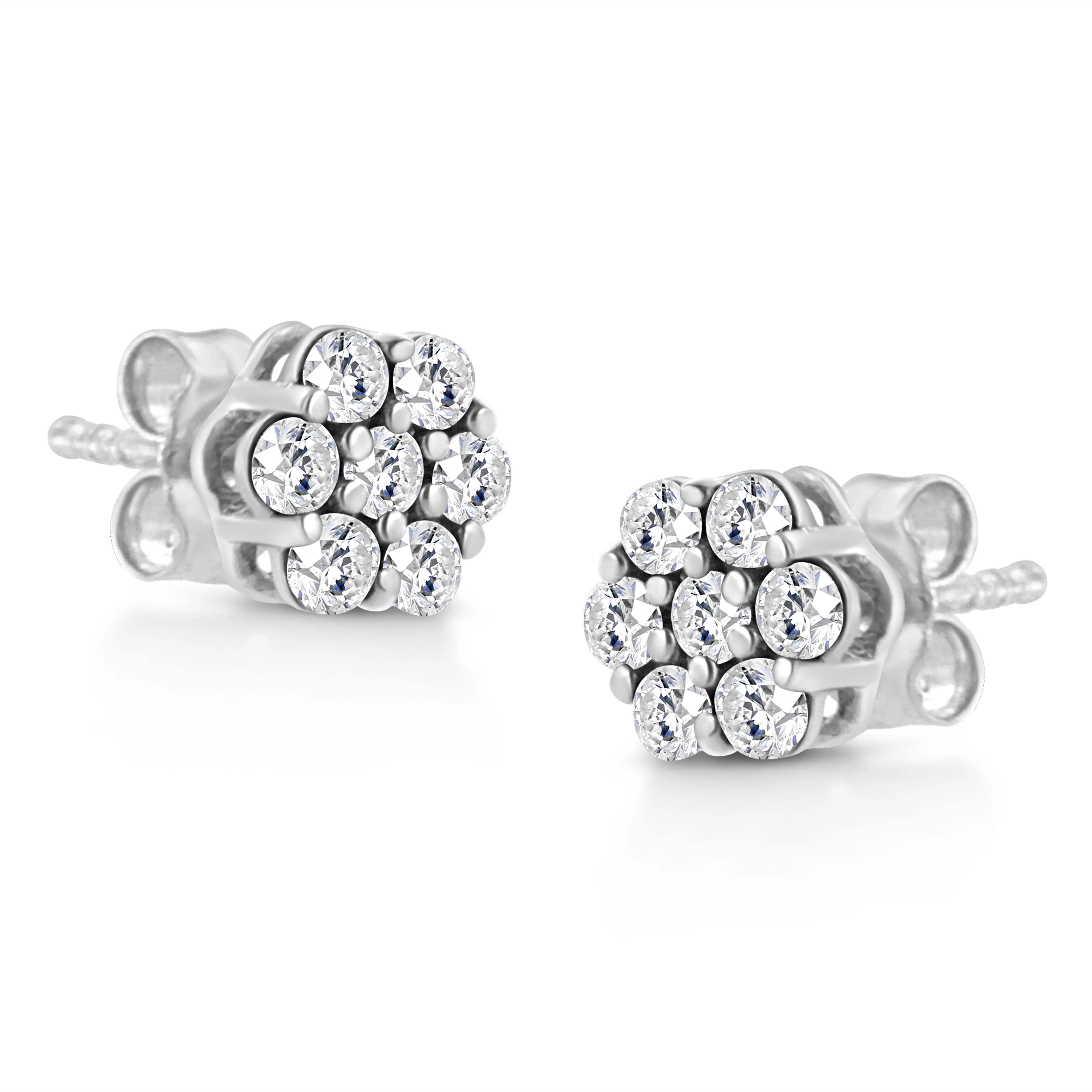 .925 Sterling Silver Lab Grown Brilliant Round Cut Diamond Floral Cluster Stud Earrings