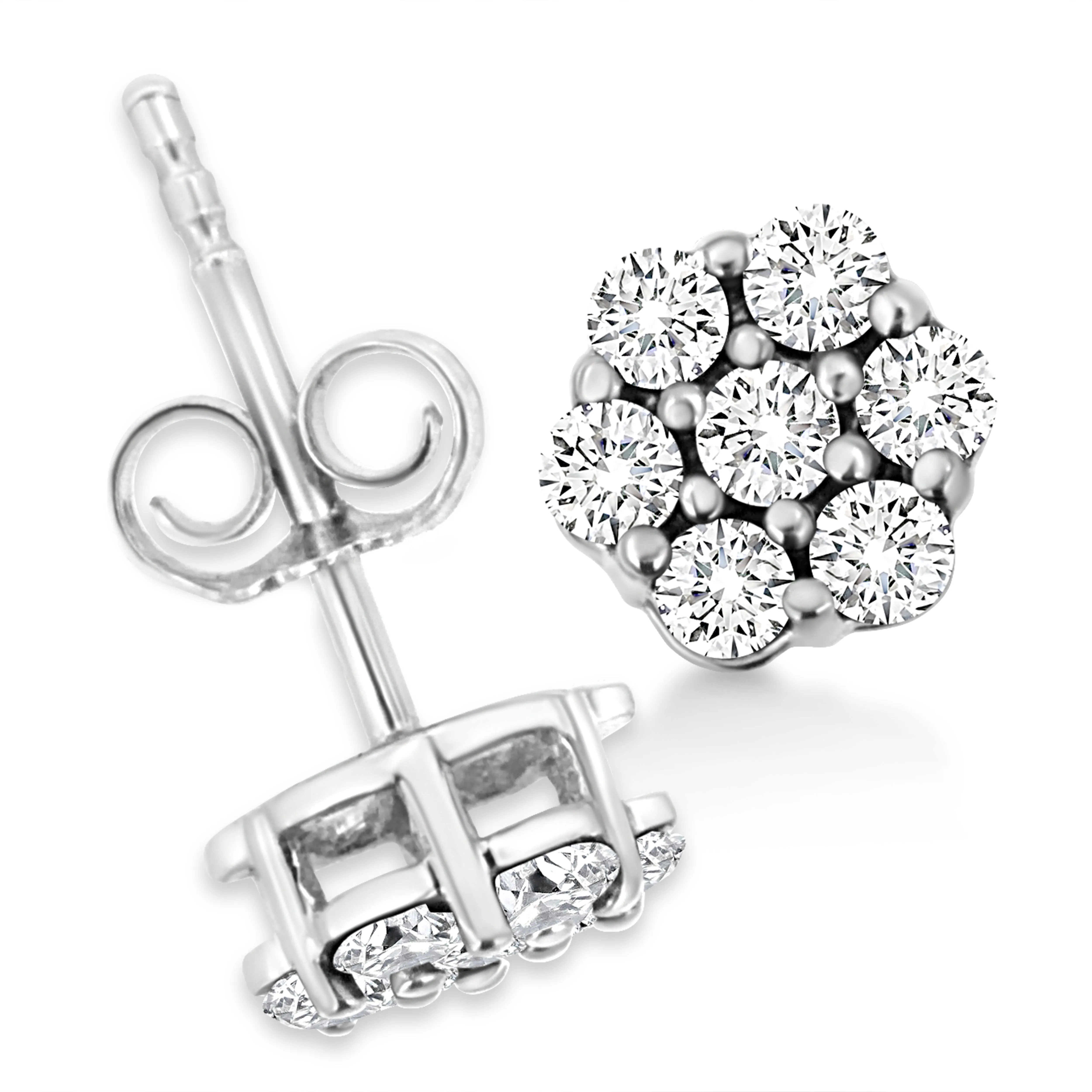 .925 Sterling Silver Lab Grown Brilliant Round Cut Diamond Floral Cluster Stud Earrings