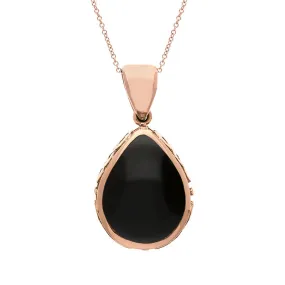 9ct Rose Gold Whitby Jet Blue John Double Sided Celtic Edge Pear Cut Fob Necklace