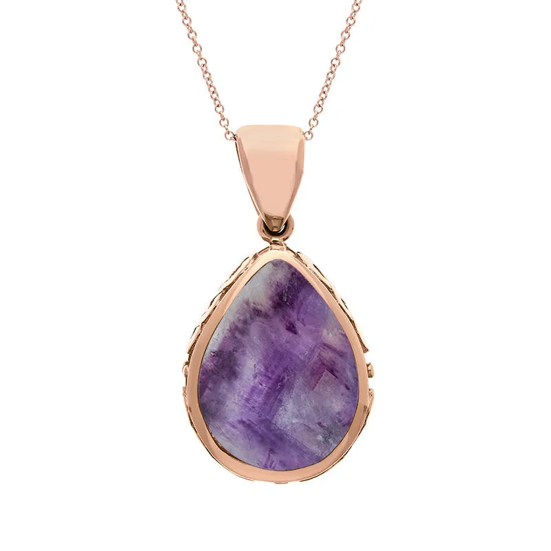9ct Rose Gold Whitby Jet Blue John Double Sided Celtic Edge Pear Cut Fob Necklace
