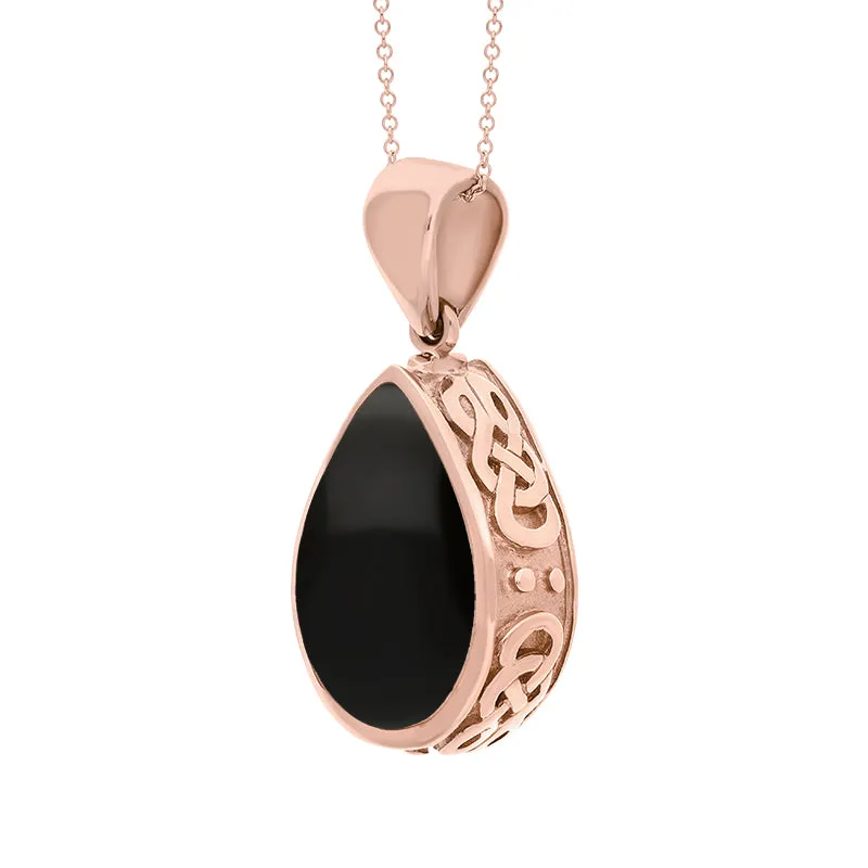 9ct Rose Gold Whitby Jet Blue John Double Sided Celtic Edge Pear Cut Fob Necklace