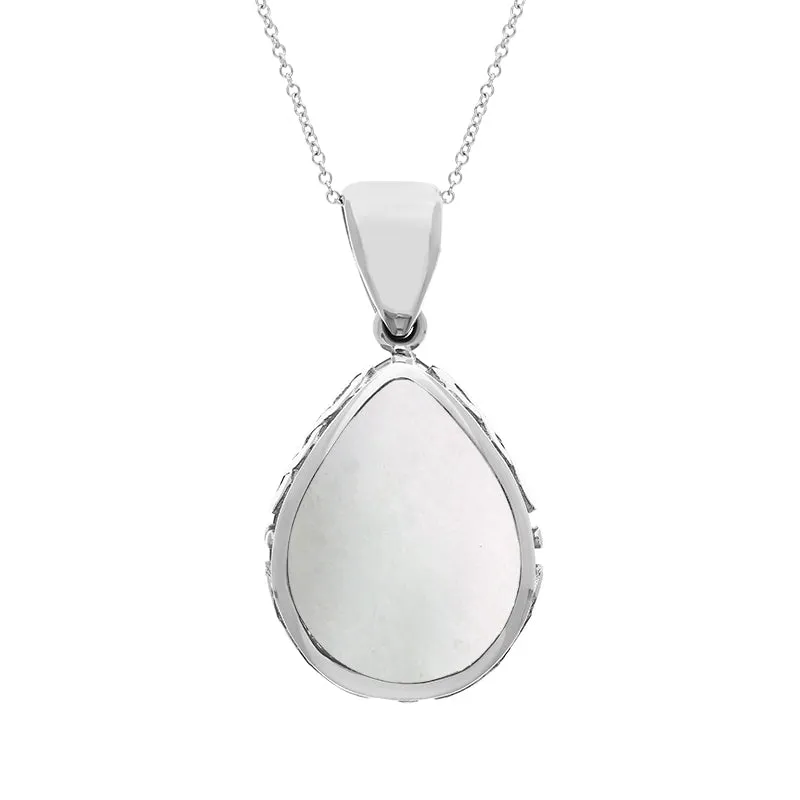 9ct White Gold Whitby Jet Mother Of Pearl Double Sided Celtic Pear Cut Fob Necklace