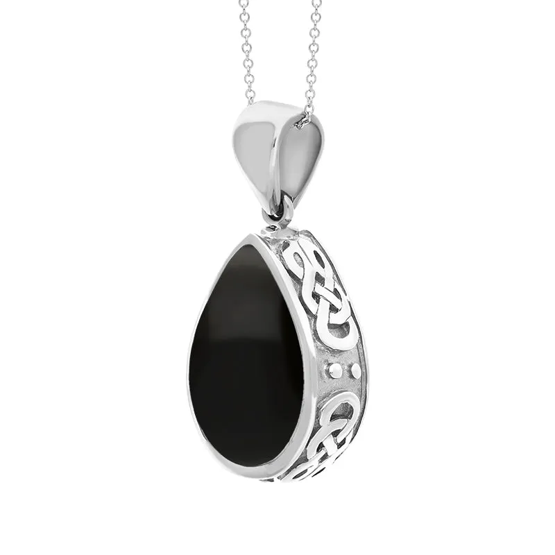9ct White Gold Whitby Jet Mother Of Pearl Double Sided Celtic Pear Cut Fob Necklace