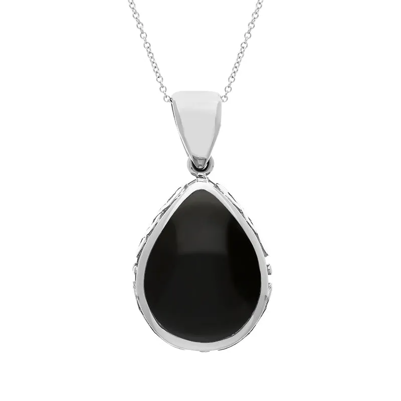 9ct White Gold Whitby Jet Mother Of Pearl Double Sided Celtic Pear Cut Fob Necklace