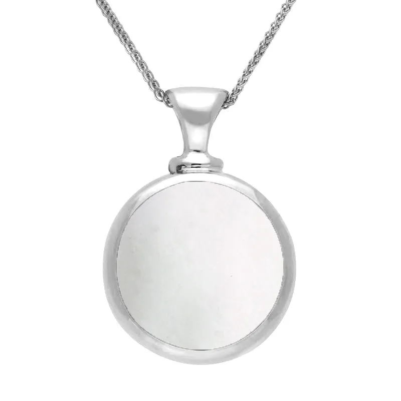 9ct White Gold Whitby Jet Mother Of Pearl Double Sided Round Dinky Fob Necklace