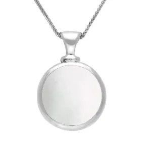 9ct White Gold Whitby Jet Mother Of Pearl Double Sided Round Dinky Fob Necklace