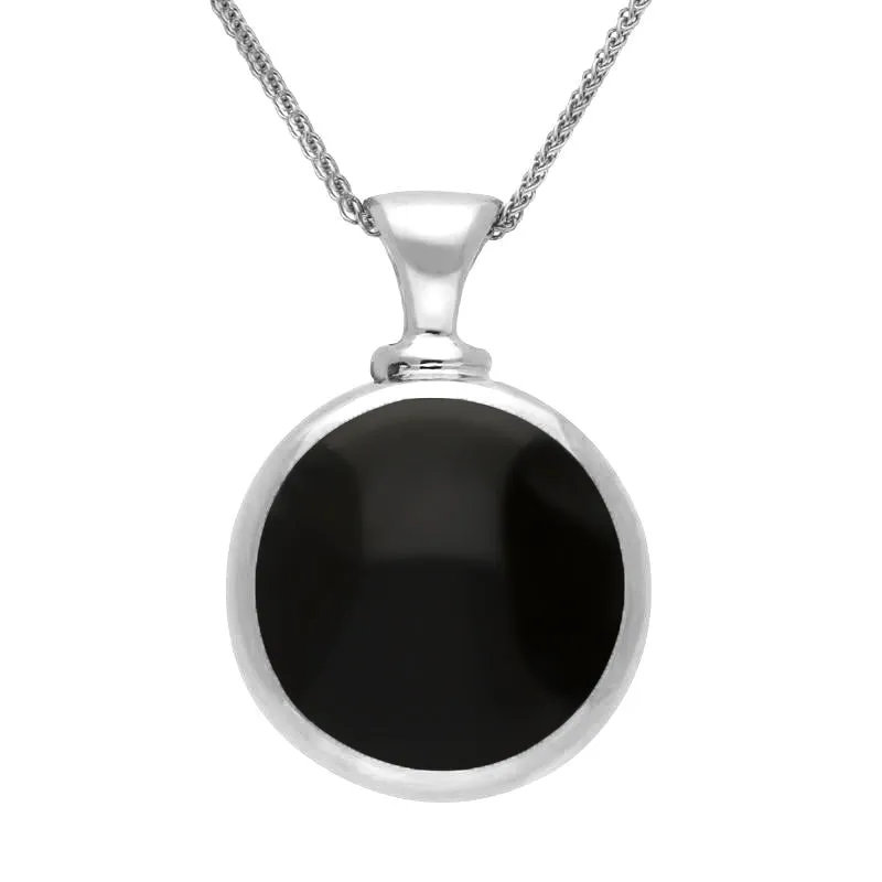 9ct White Gold Whitby Jet Turquoise Double Sided Round Dinky Fob Necklace