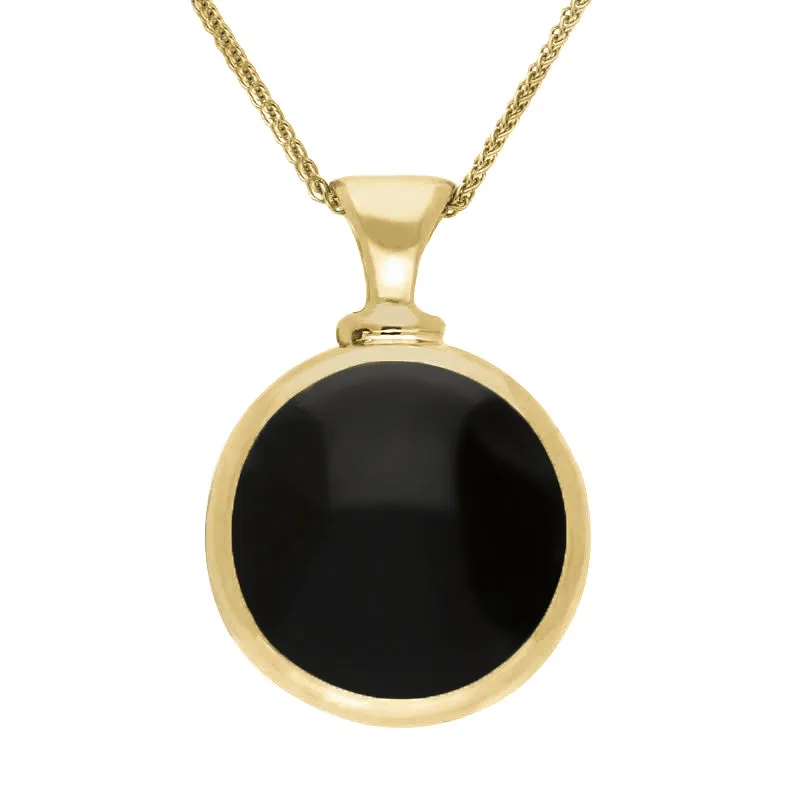 9ct Yellow Gold Whitby Jet Malachite Double Sided Round Dinky Fob Necklace