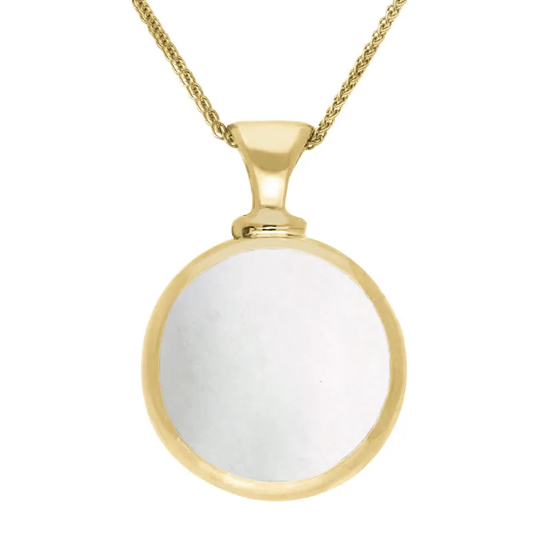 9ct Yellow Gold Whitby Jet Mother Of Pearl Double Sided Round Dinky Fob Necklace
