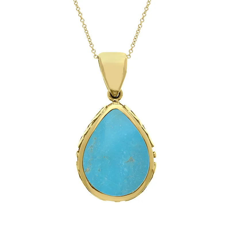 9ct Yellow Gold Whitby Jet Turquoise Double Sided Celtic Pear Cut Fob Necklace