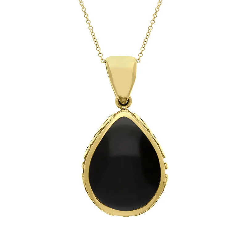 9ct Yellow Gold Whitby Jet Turquoise Double Sided Celtic Pear Cut Fob Necklace