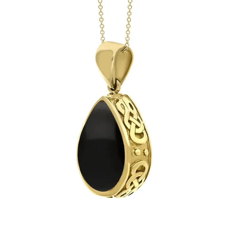 9ct Yellow Gold Whitby Jet Turquoise Double Sided Celtic Pear Cut Fob Necklace