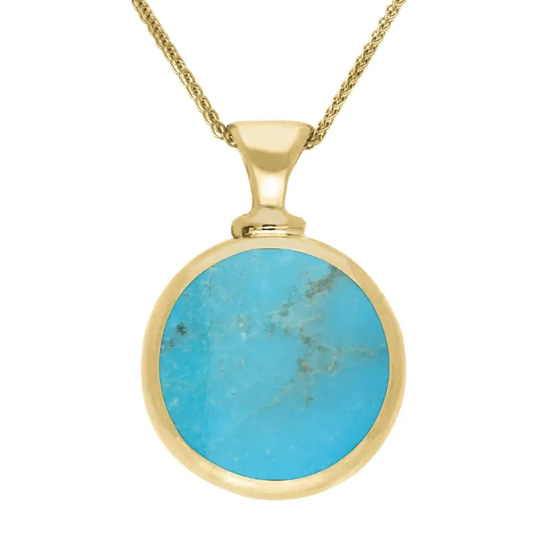 9ct Yellow Gold Whitby Jet Turquoise Double Sided Round Dinky Fob Necklace