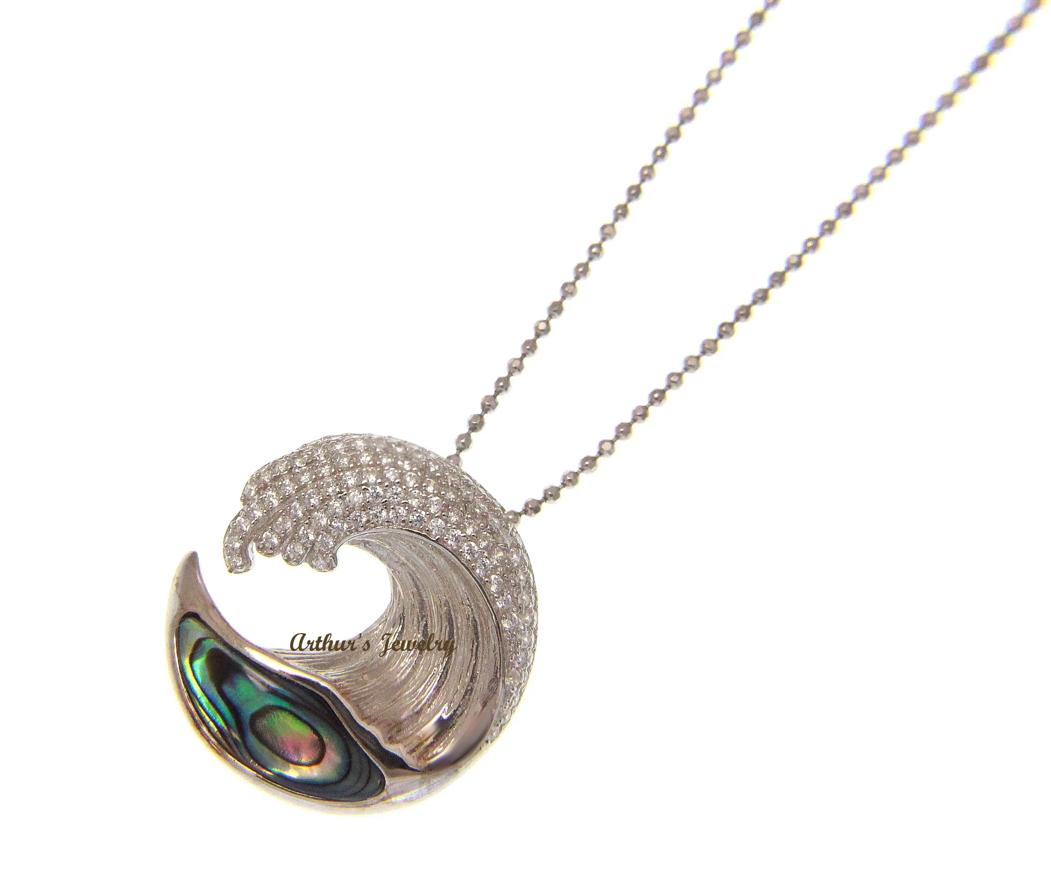 ABALONE PAUA SHELL SOLID 925 SILVER HAWAIIAN OCEAN WAVE PENDANT BLING CZ 21.50MM