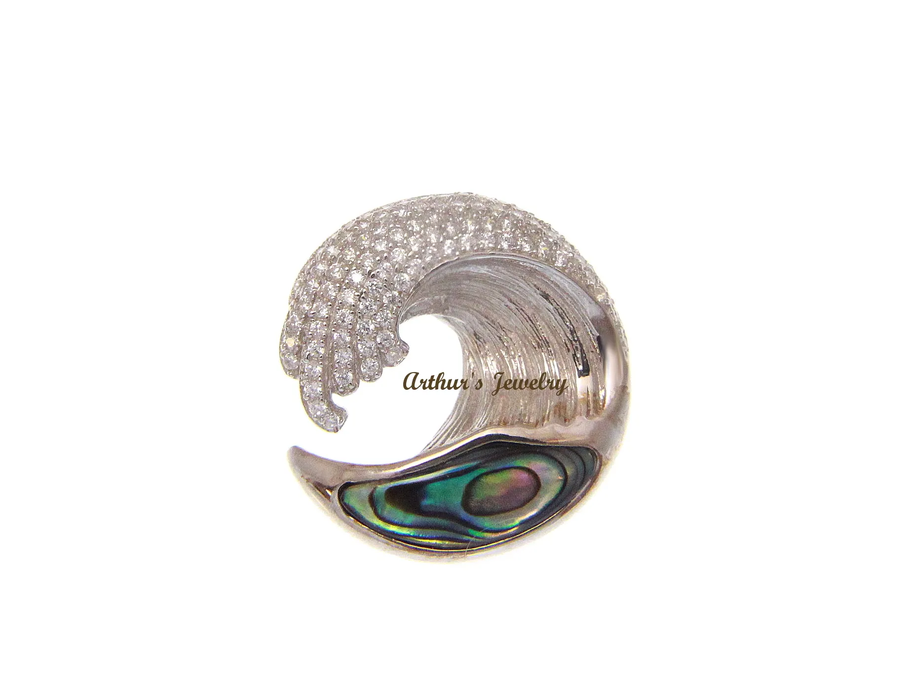 ABALONE PAUA SHELL SOLID 925 SILVER HAWAIIAN OCEAN WAVE PENDANT BLING CZ 21.50MM