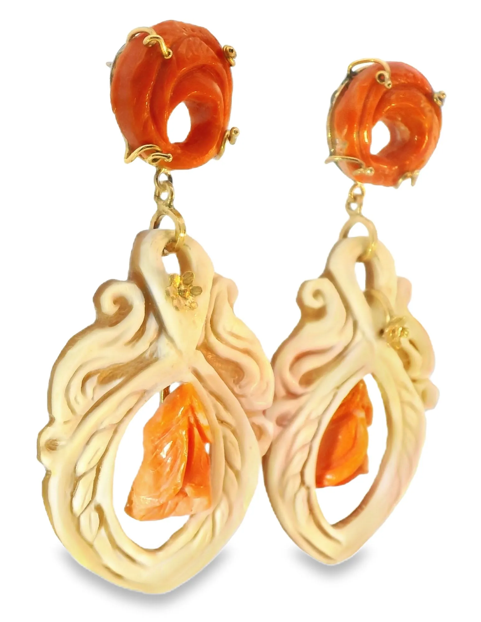 Antique Estate 18K Gold Carved Cameo Red Coral Undyed Drop Dangle Earrings
