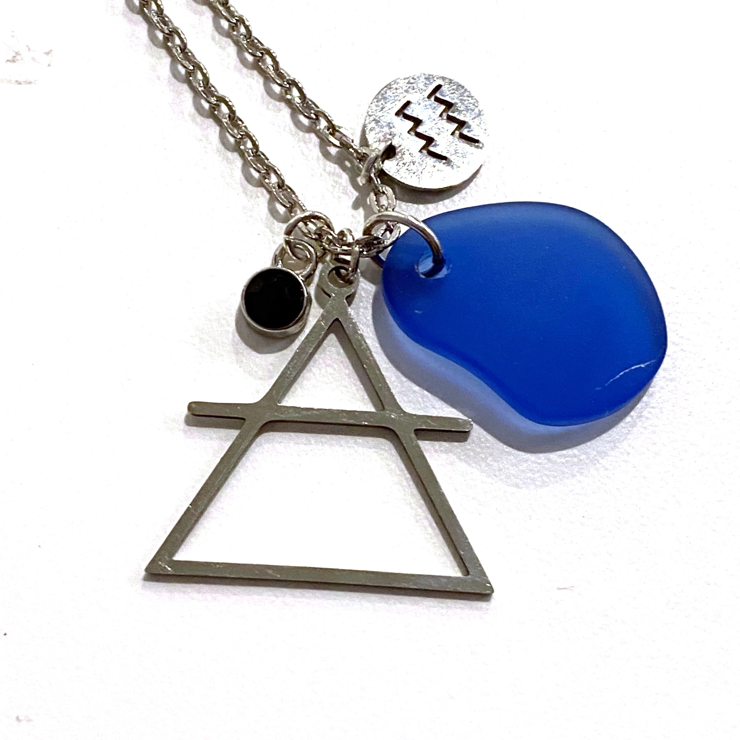 Aquarius Constellation Necklace with Blue Sea Glass, Custom Birthstone, and Air Element