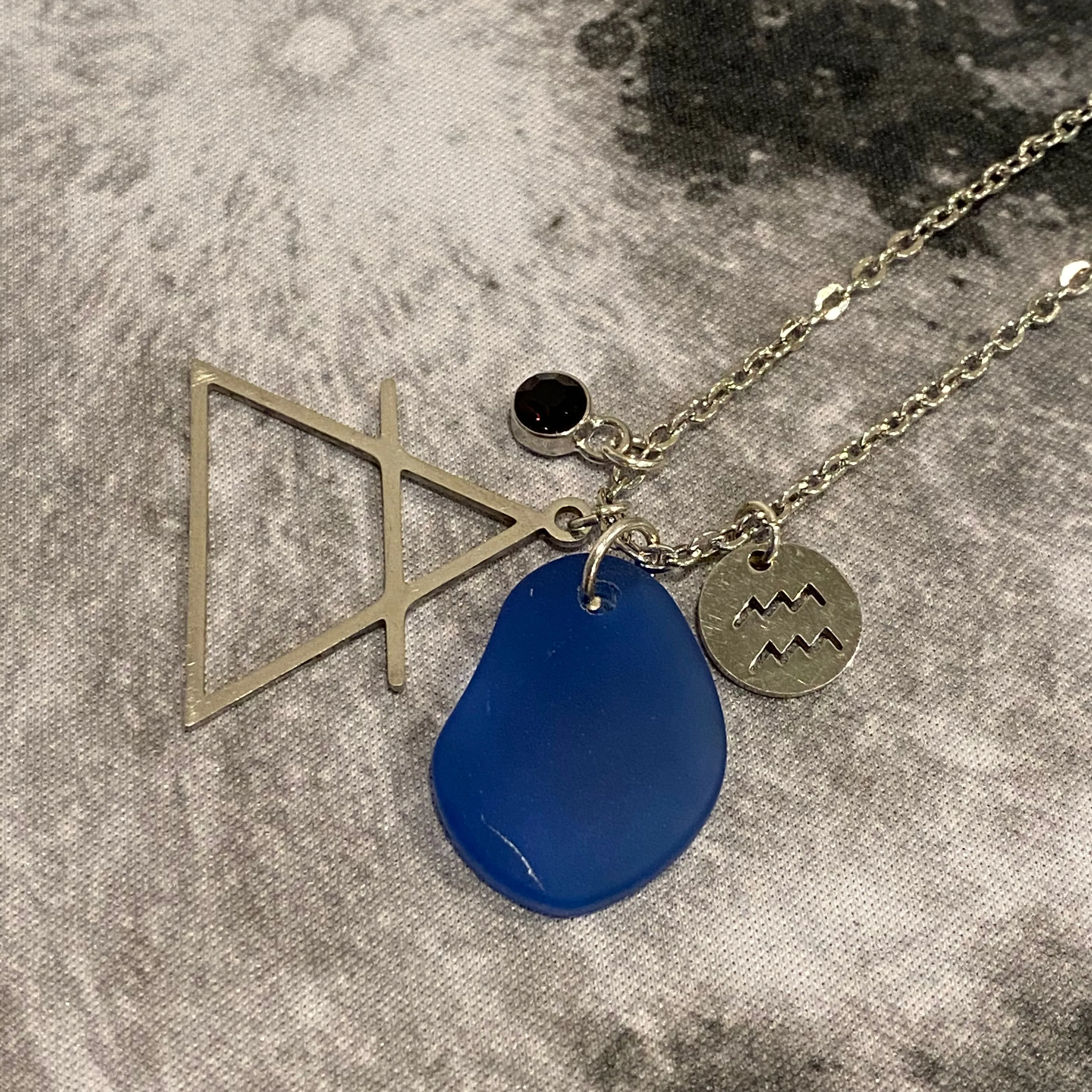 Aquarius Constellation Necklace with Blue Sea Glass, Custom Birthstone, and Air Element