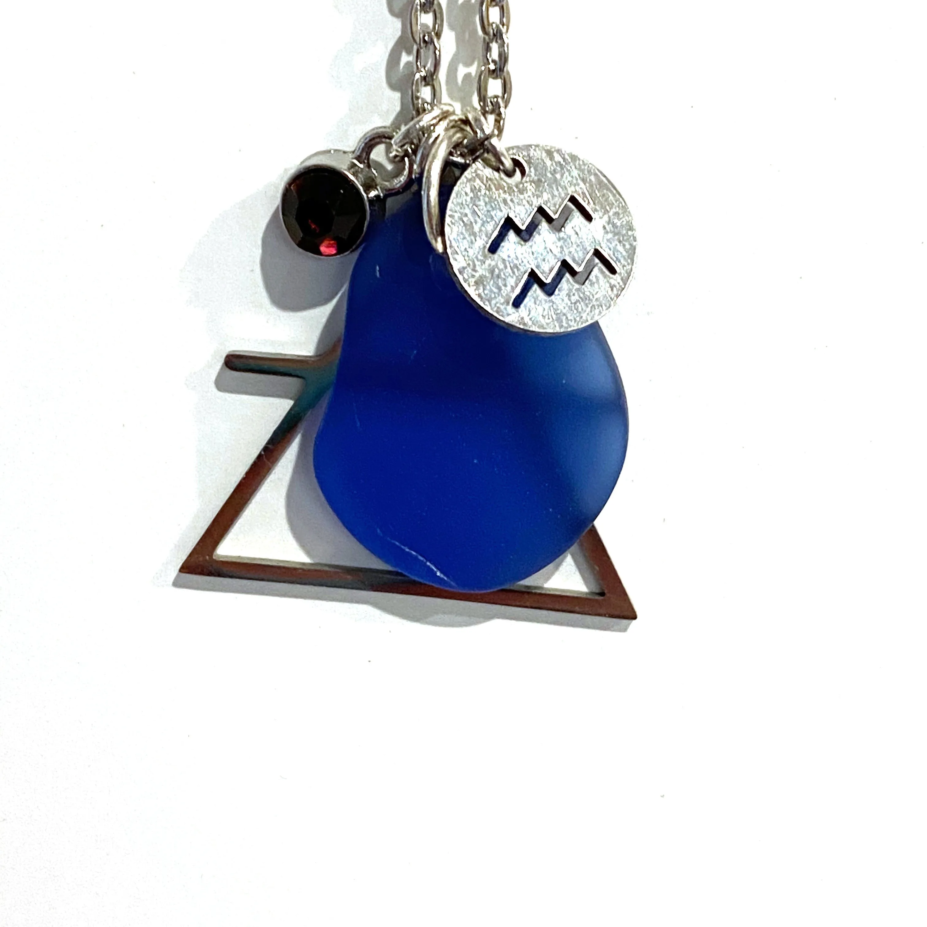 Aquarius Constellation Necklace with Blue Sea Glass, Custom Birthstone, and Air Element