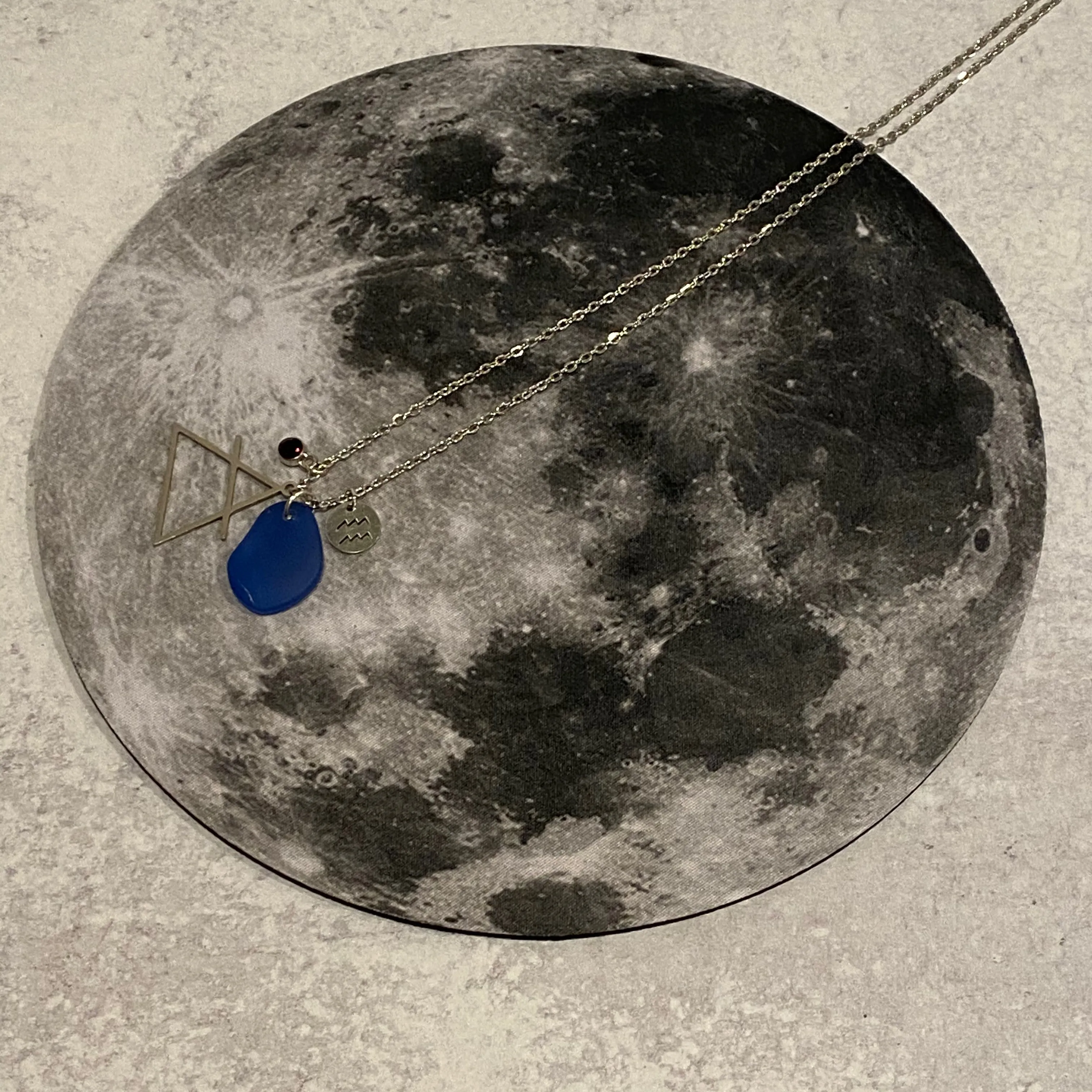Aquarius Constellation Necklace with Blue Sea Glass, Custom Birthstone, and Air Element