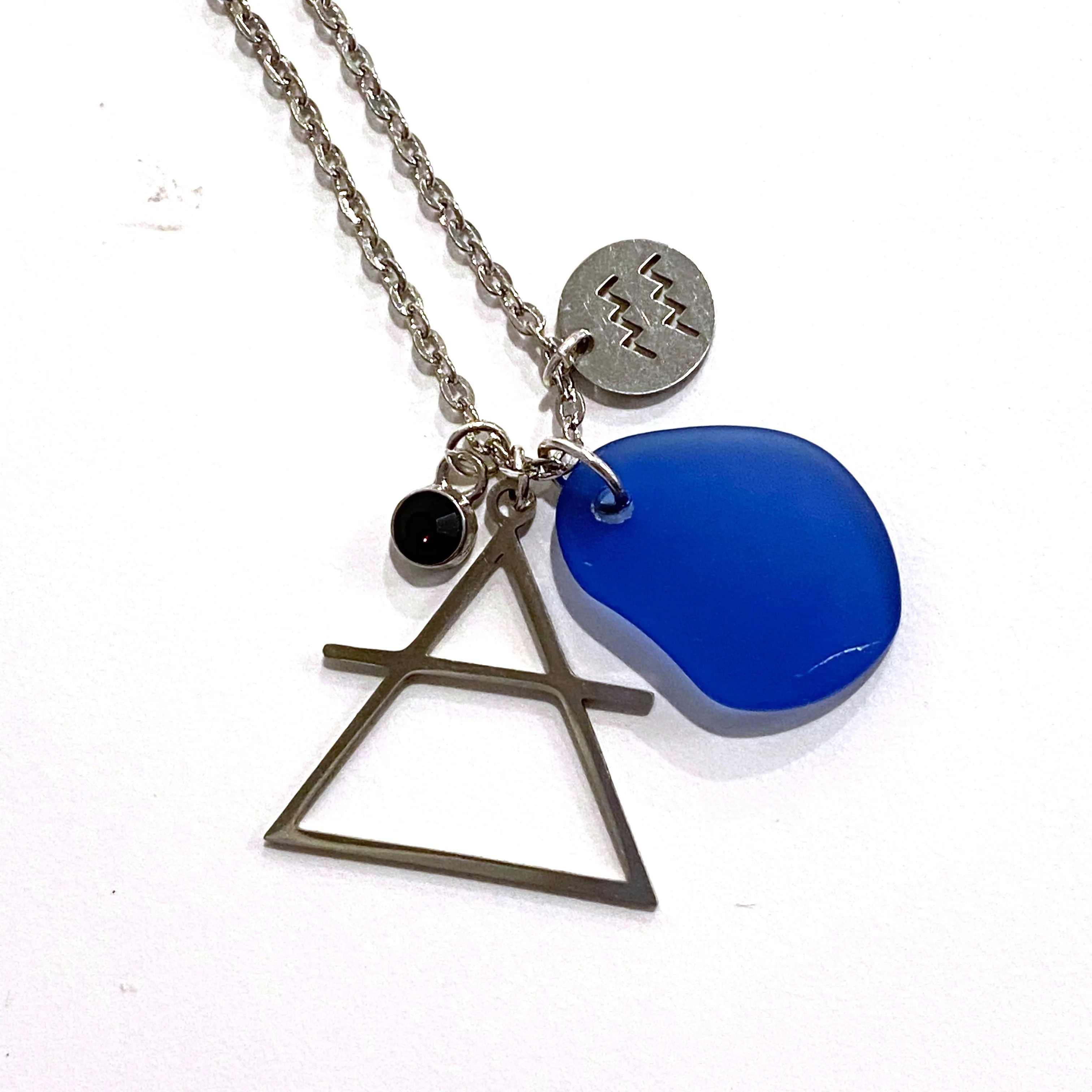 Aquarius Constellation Necklace with Blue Sea Glass, Custom Birthstone, and Air Element