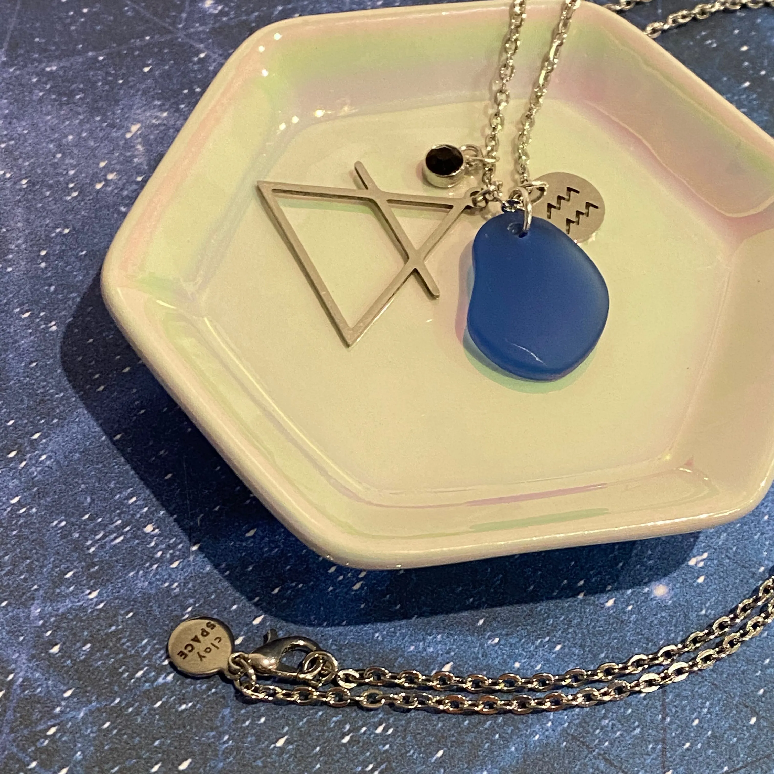 Aquarius Constellation Necklace with Blue Sea Glass, Custom Birthstone, and Air Element