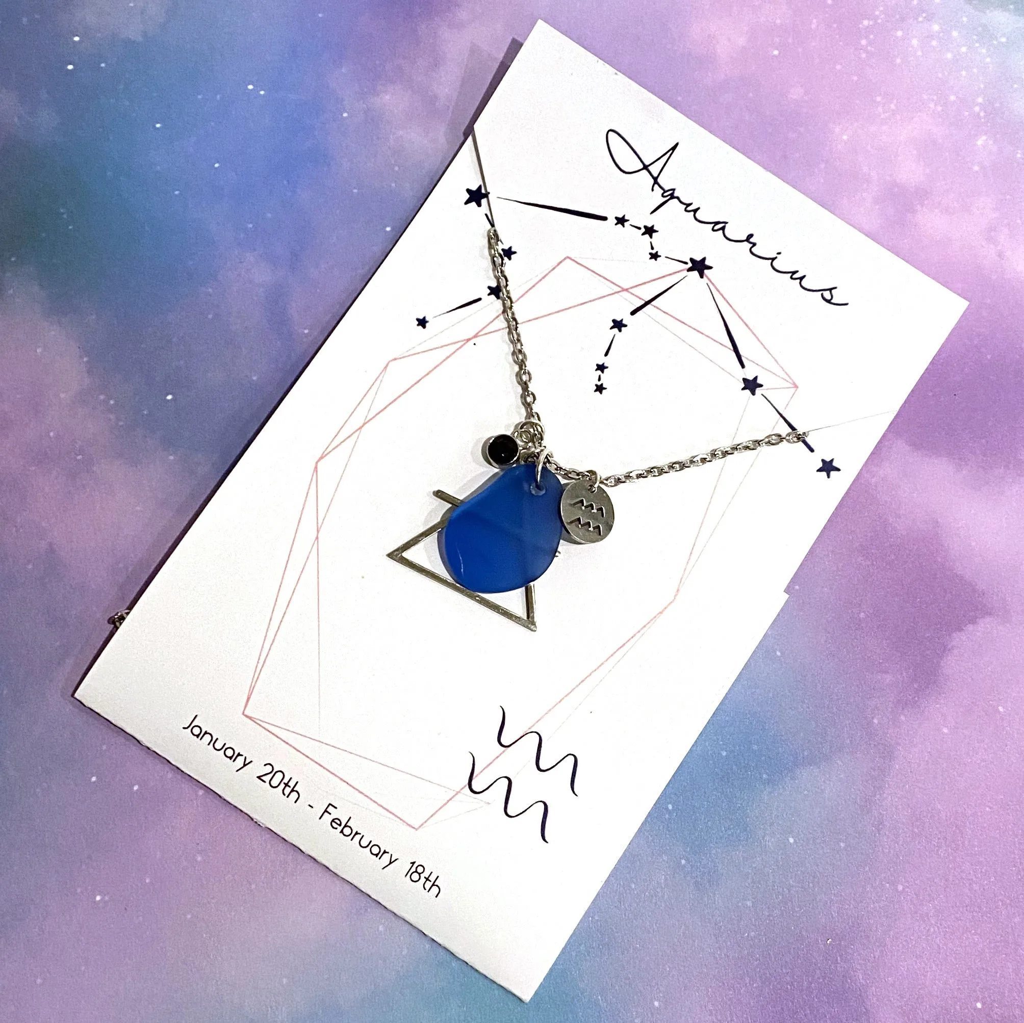 Aquarius Constellation Necklace with Blue Sea Glass, Custom Birthstone, and Air Element