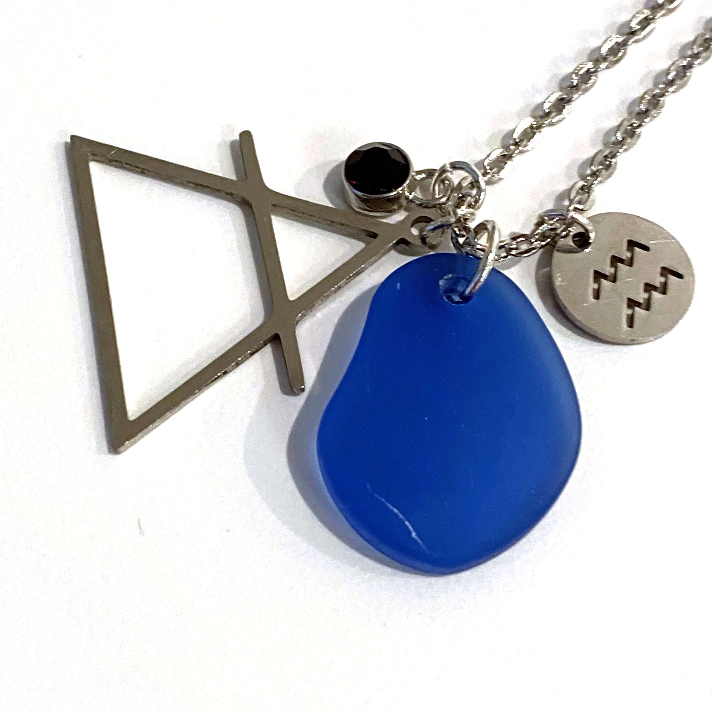 Aquarius Constellation Necklace with Blue Sea Glass, Custom Birthstone, and Air Element