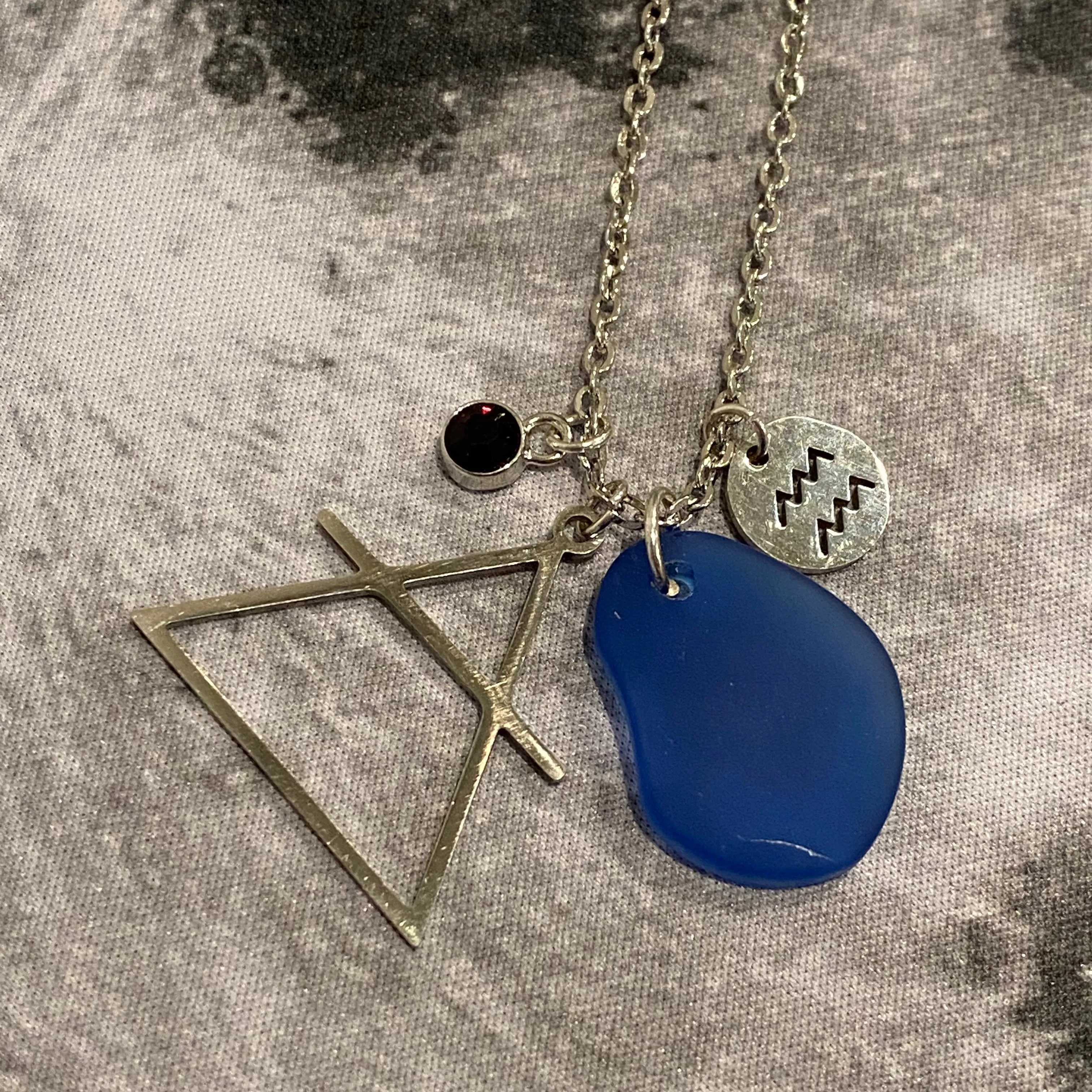 Aquarius Constellation Necklace with Blue Sea Glass, Custom Birthstone, and Air Element