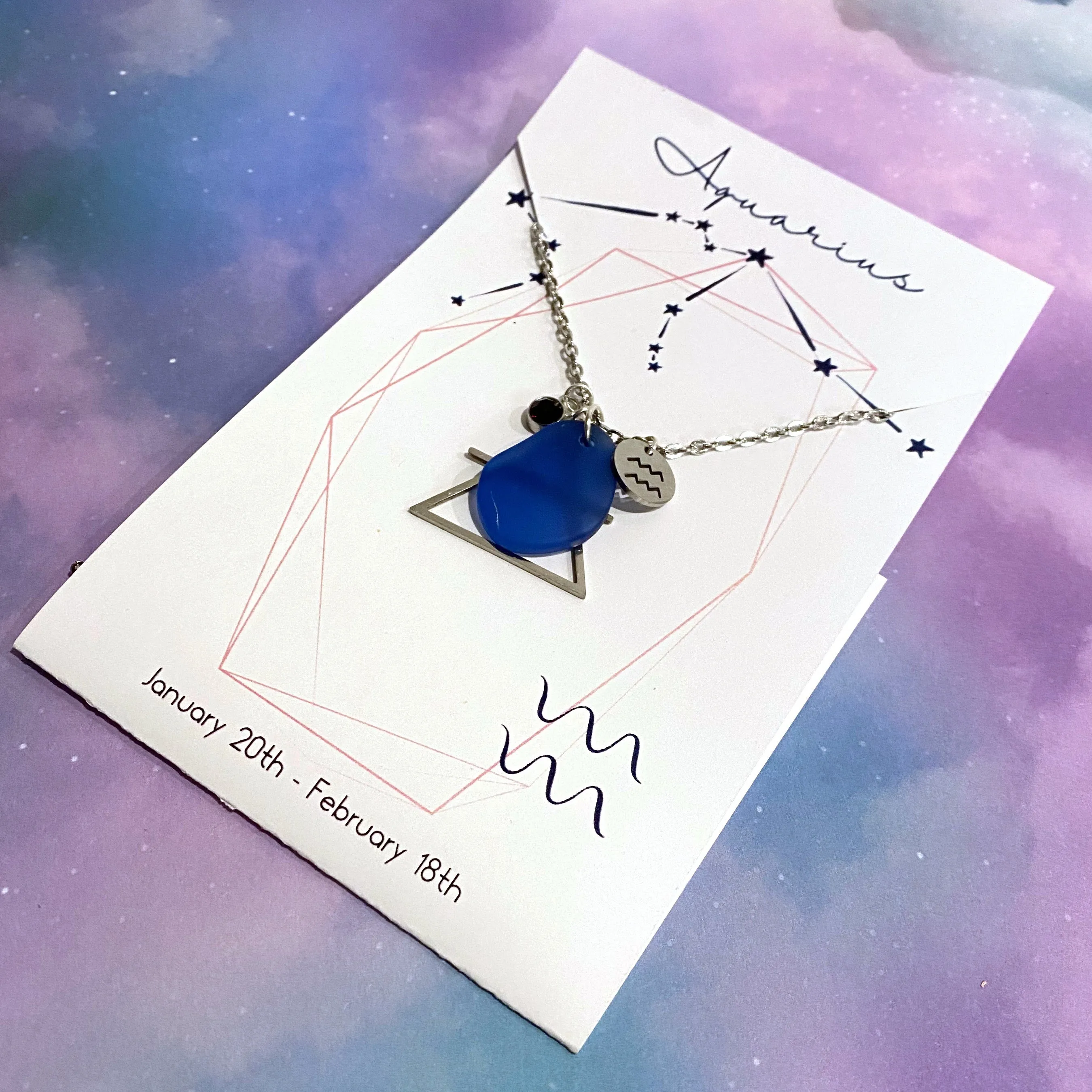 Aquarius Constellation Necklace with Blue Sea Glass, Custom Birthstone, and Air Element