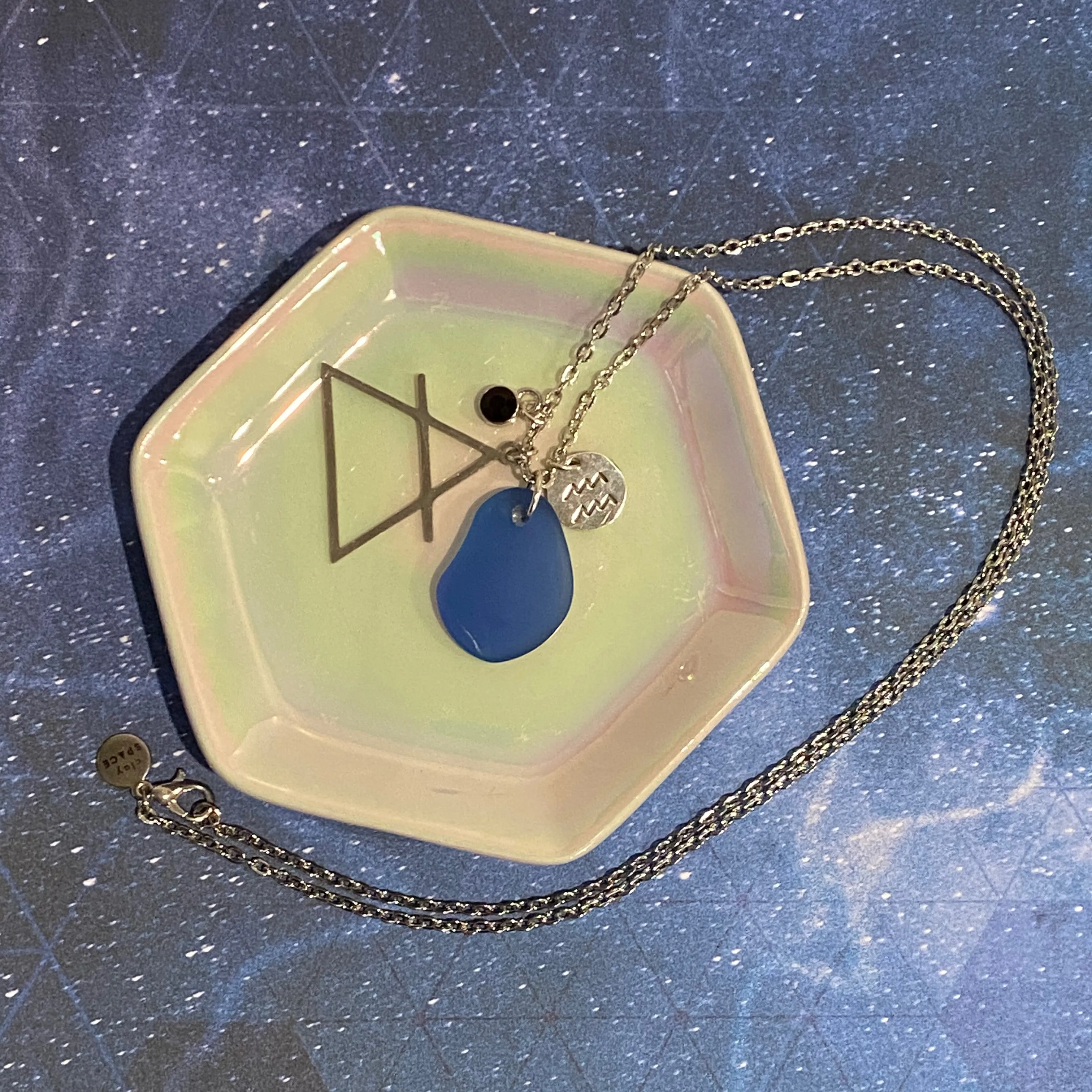 Aquarius Constellation Necklace with Blue Sea Glass, Custom Birthstone, and Air Element