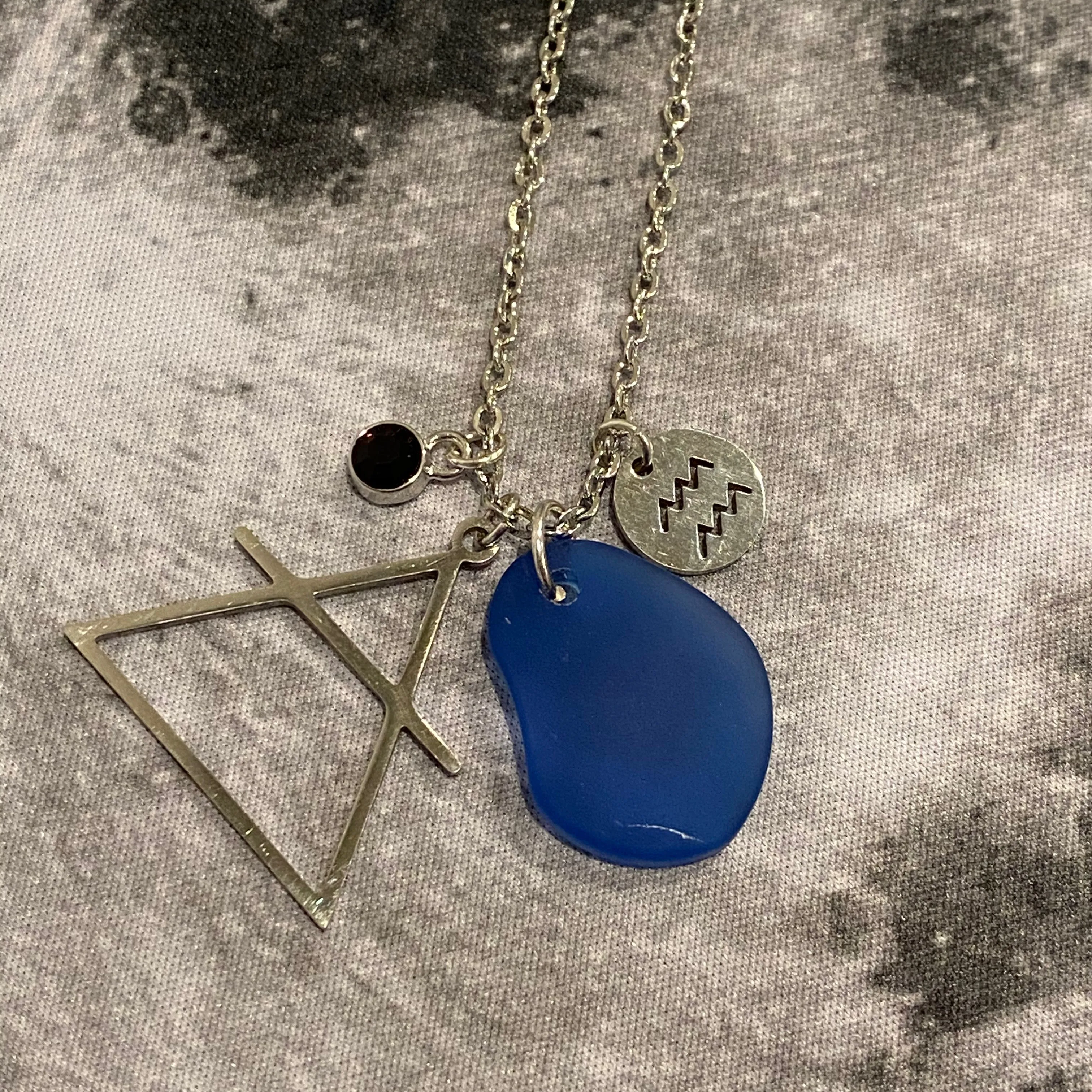 Aquarius Constellation Necklace with Blue Sea Glass, Custom Birthstone, and Air Element