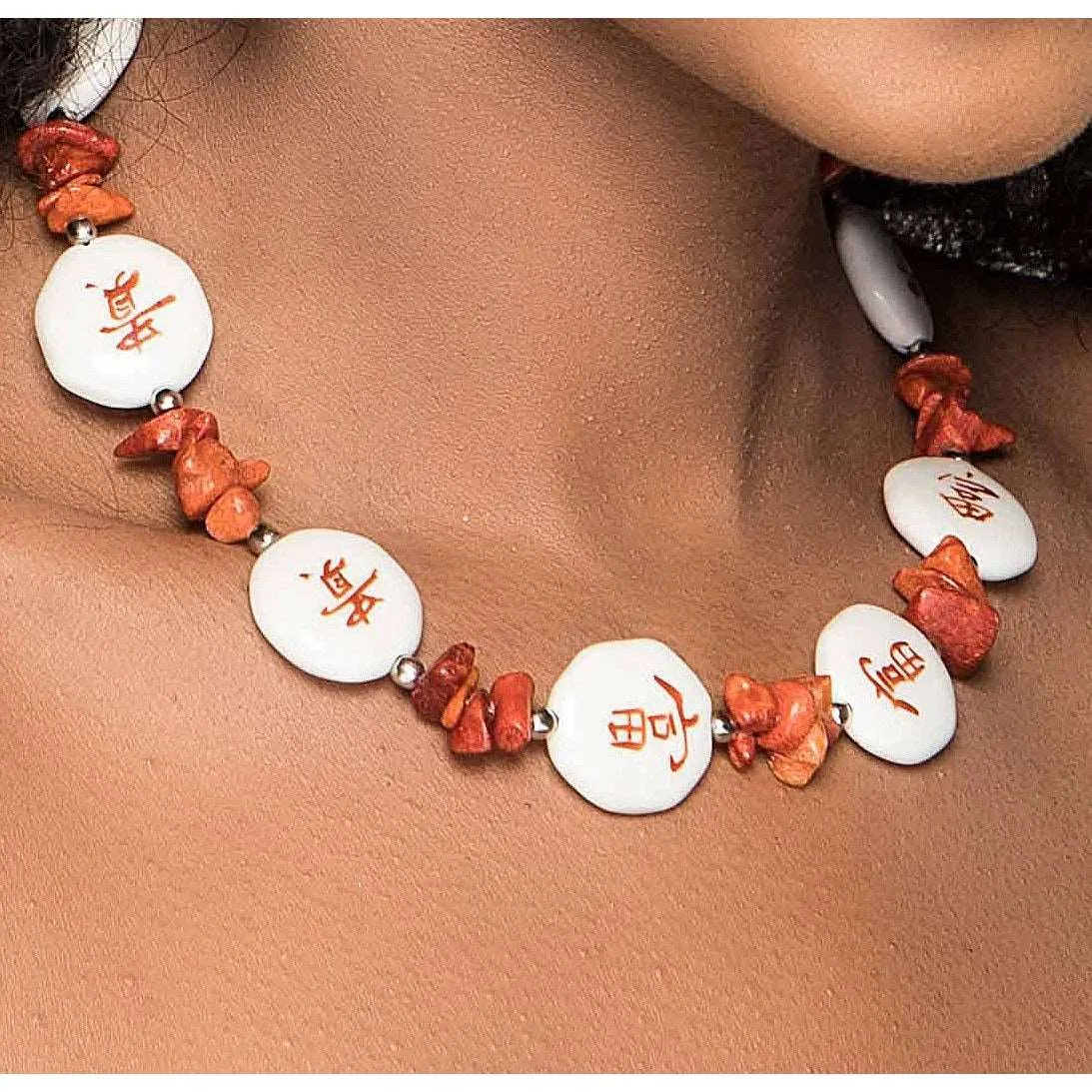 Asian Persuasion Necklace Set W/ Silver drop Earrings, Porcelain Bead and Sponge Coral Chips