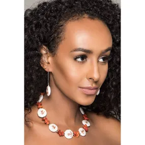 Asian Persuasion Necklace Set W/ Silver drop Earrings, Porcelain Bead and Sponge Coral Chips