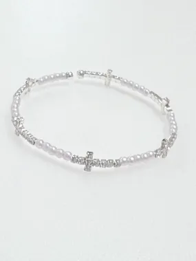 Athena - Pearl Cuff Bracelet w/ Rhinestone Crosses (Silver)