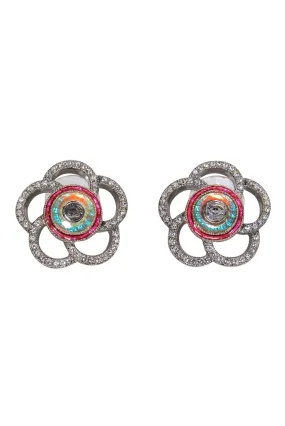 Chanel - Silver & Multicolored Crystal & Resin Floral Stud Earrings